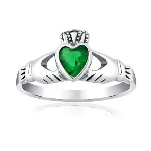Strieborný prsteň Claddagh so zeleným zirkónom veľkosť obvod 46 mm