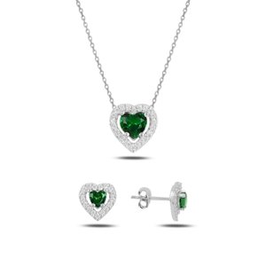 Klenoty Amber Strieborná sada šperkov srdca zelené - náušnice, náhrdelník