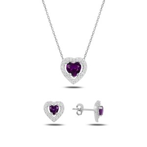 Klenoty Amber Strieborná sada šperkov srdca fialovej - náušnice, náhrdelník
