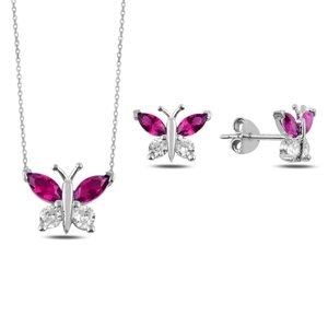 Klenoty Amber Strieborná sada šperkov motýľ ružový - náušnice, náhrdelník