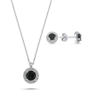 Klenoty Amber Strieborná sada šperkov kolieska čierny kameň - náušnice, náhrdelník